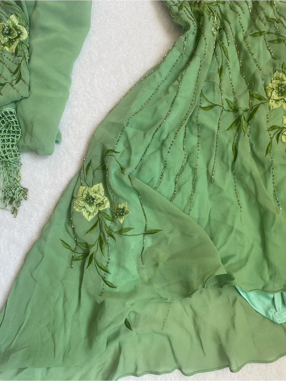 Rare VTG 100% Silk Sue Wong Fairy floral beaded Lime Green Dress w/ Silk Scarf - Picture 11 of 16